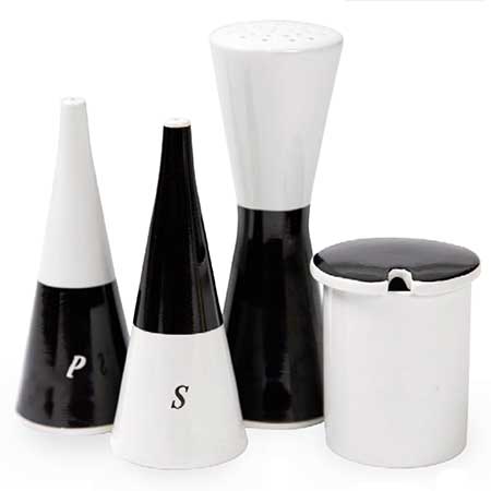 Stig Lindberg Colorado Set with salt and pepper shaker, sugar stifter and jar with lid, height 7-15 cm