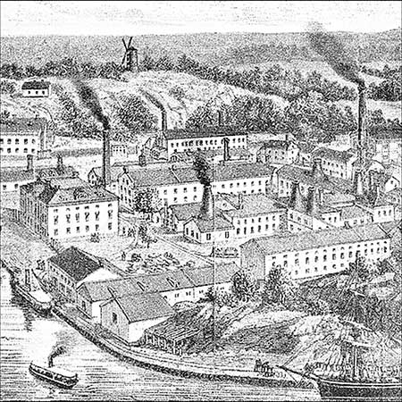Drawing of Gustavsberg porcelain factory in the 1870s