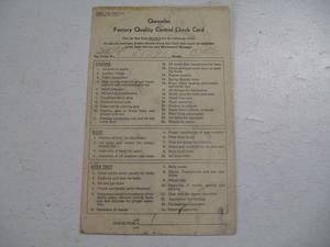 1951 Chevrolet Factory Quality Contol Check Card