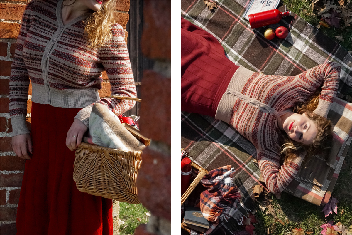 emmy design autumnclothing autumnlove fallfashioninspo autumnclothes vintageautumn fairisleknit fairislecardigan autumnpicnic fallpicnic vintagepicnic