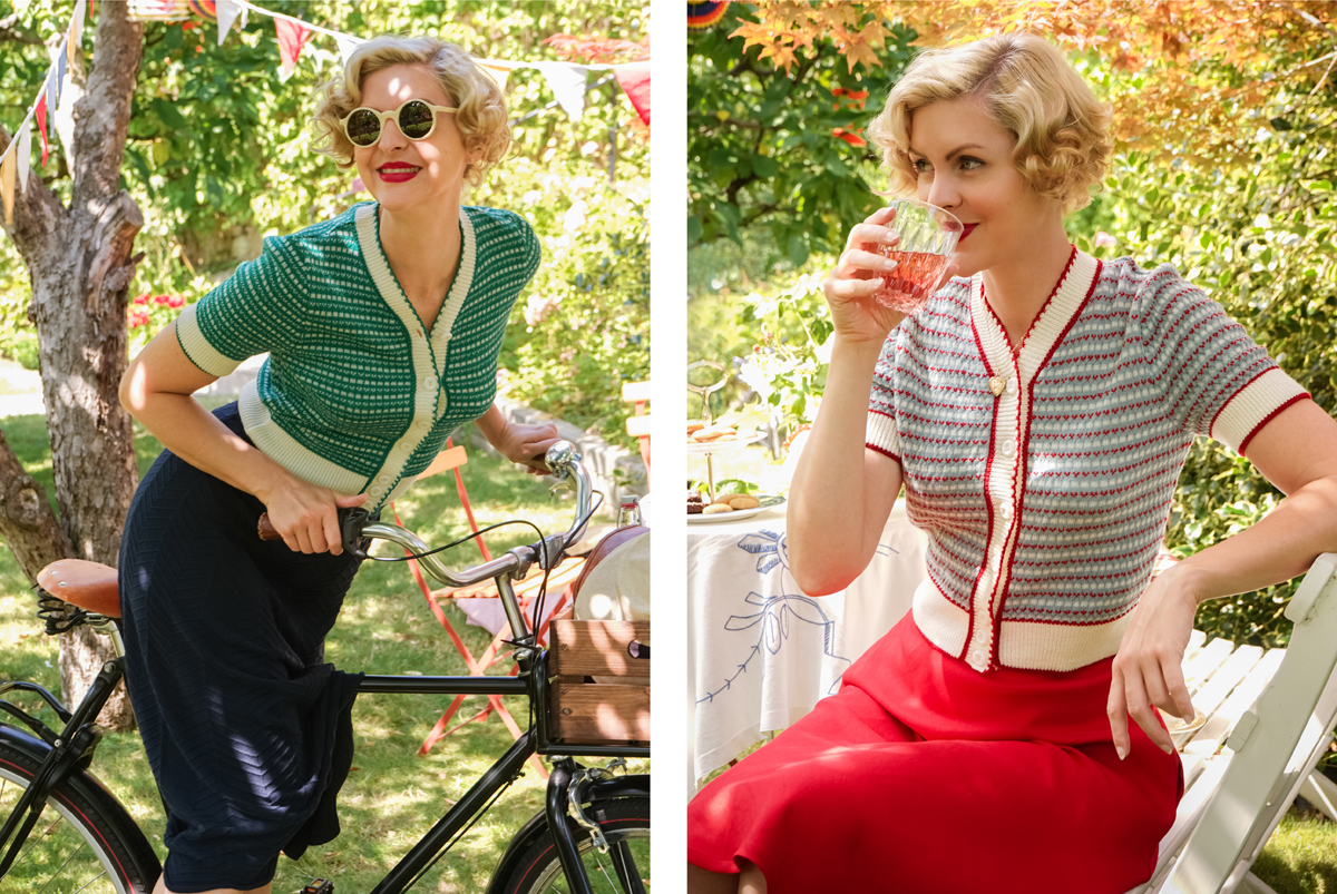 emmy design SS20 picnic lawn party 1920s 1930s 1940s 1950s wool lightweightcardigan summer vintage knit style pastel swedish midsummer bike
