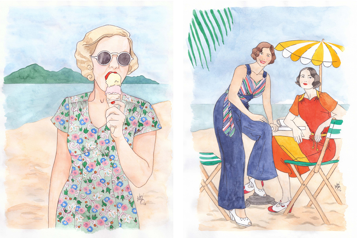 14. emmy design vintage 1930s illustration art deco beach pajamas beachpajamas beachwear french riviera colorblocking Bette Davis
