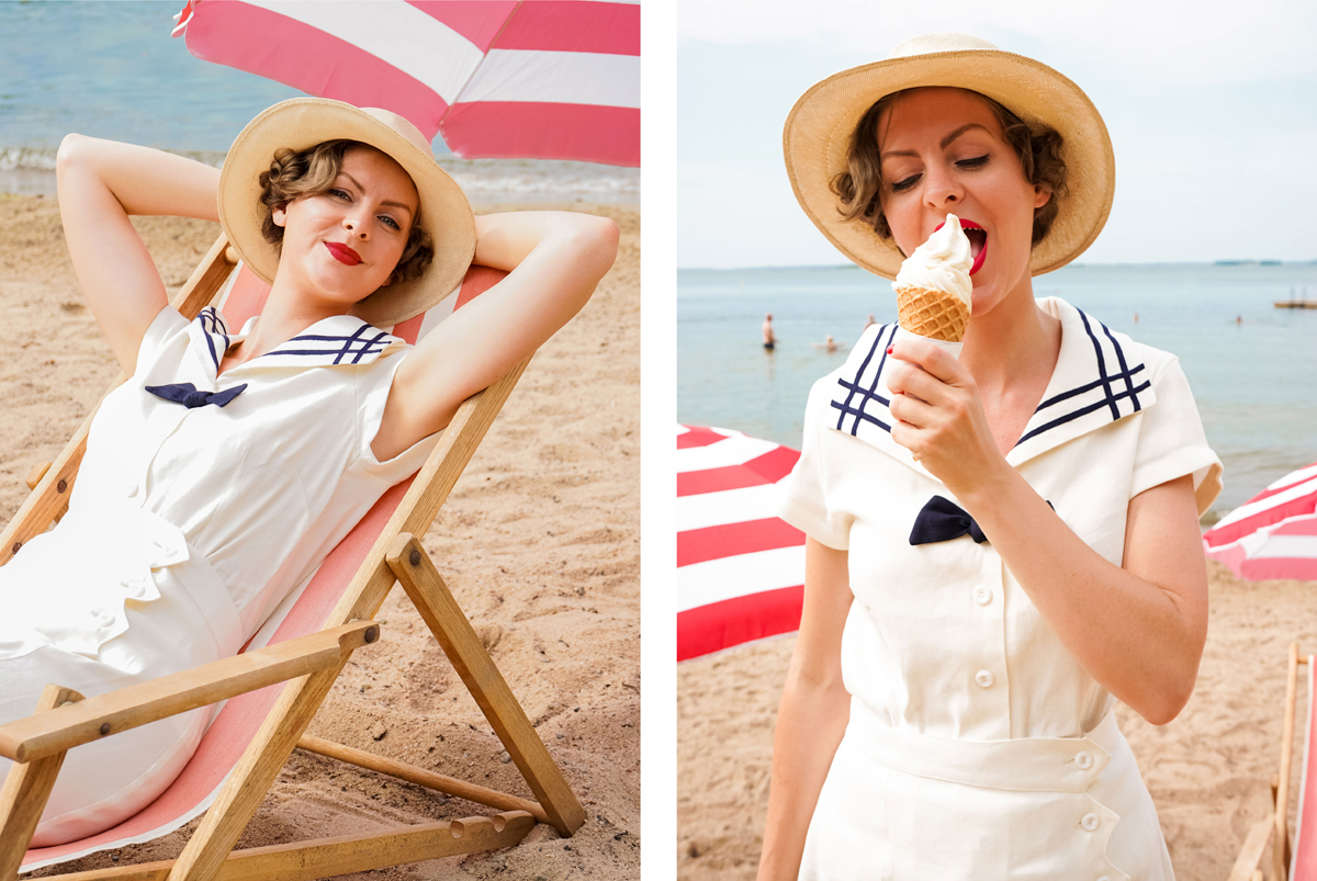 emmy design vintage style clothing 1930s 1940s fashion sailor top blouse french navy maritime beach Bette Davis old hollywood ice cream cone art deco skirt cream white linen Ginger Rogers
