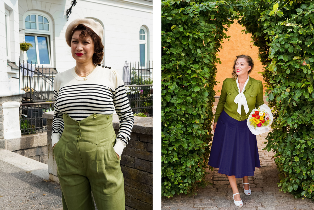 emmy design vintage style clothing 1930s 1940s fashion sailor breton stripes wool sweater french navy maritime plus size high waist pants miss fancy parisian chic young Coco Chanel art deco wool cardigan olive chartreuse green