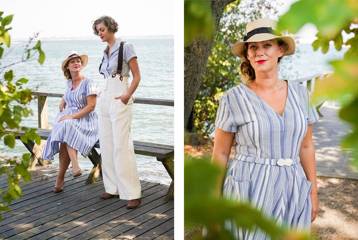 emmy design vintage style clothing 1930s 1940s fashion sailor stripe cotton dress blouse blue and white french navy maritime cream white linen 1950s dress vneck v-neck high waist pants fancy gentleman suspenders button braces plus size grandpa greece greecian