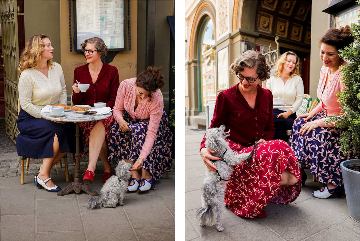  1930s 1940s fashion french bistro Paris Parisian chic art deco skirt wool knitwear cardigan Breton stripes sweater ladies girls plus size toy poodle dress