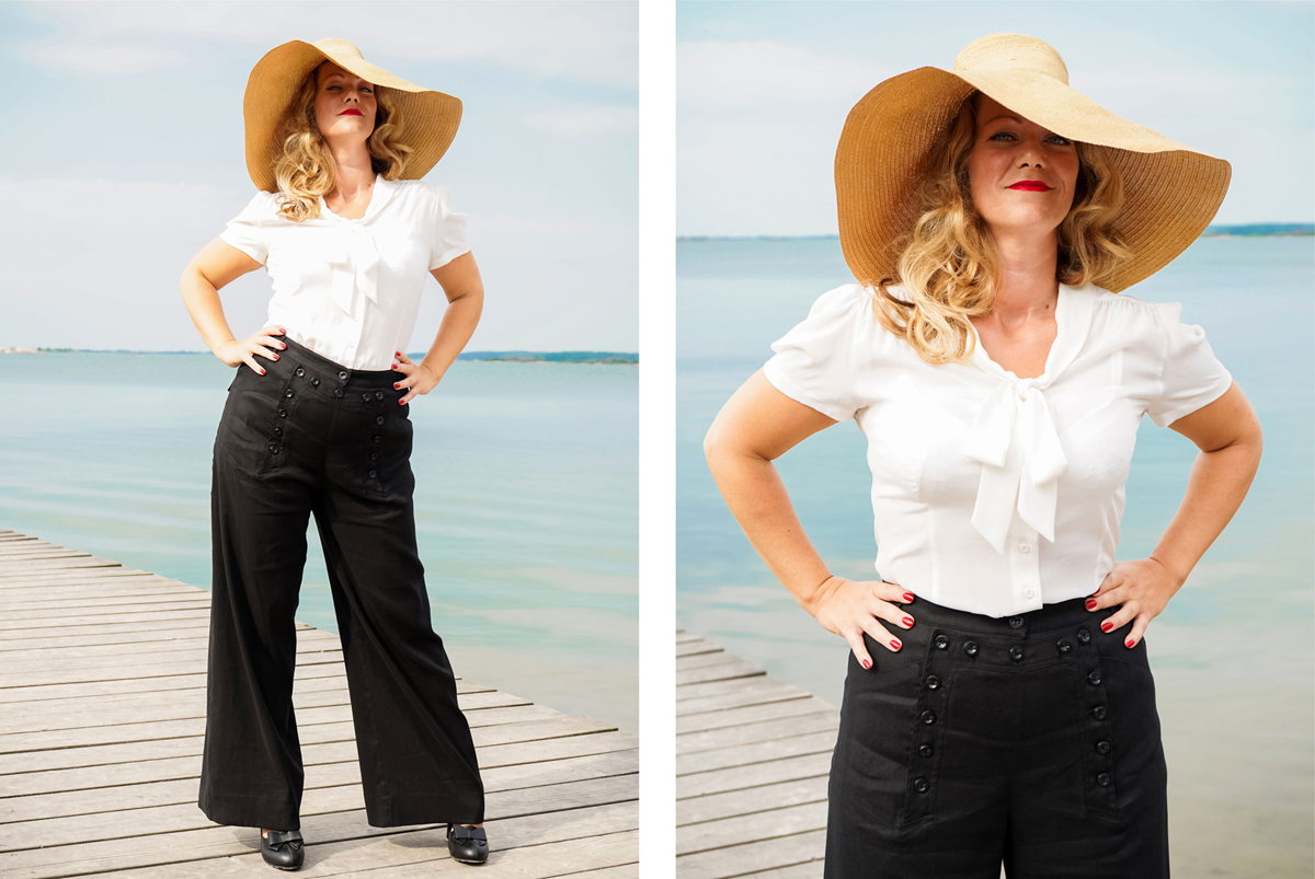 emmy design vintage style clothing 1930s 1940s fashion french navy maritime beach strawhat black sailor pants pussy bow blouse monochrome plus size femme fatale