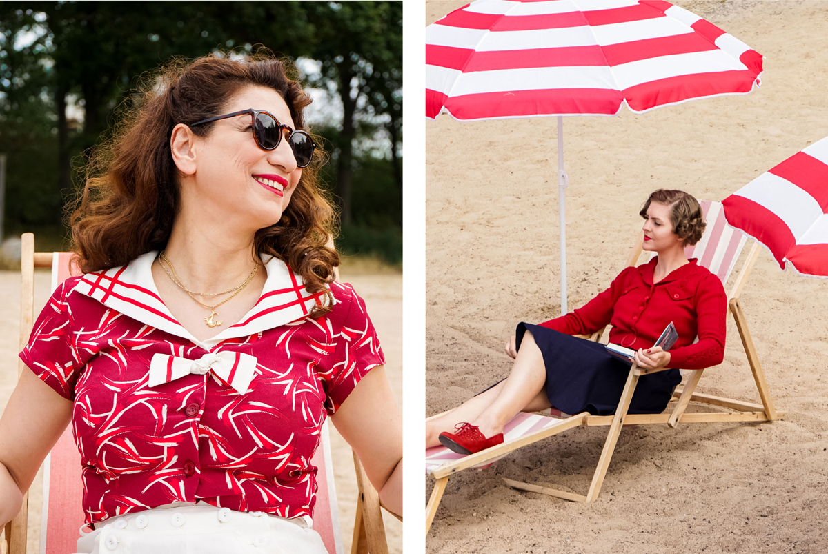 emmy design vintage style clothing 1930s 1940s fashion sailor top blouse french navy maritime beach wool cardigan art deco red and white sailor pants white linen