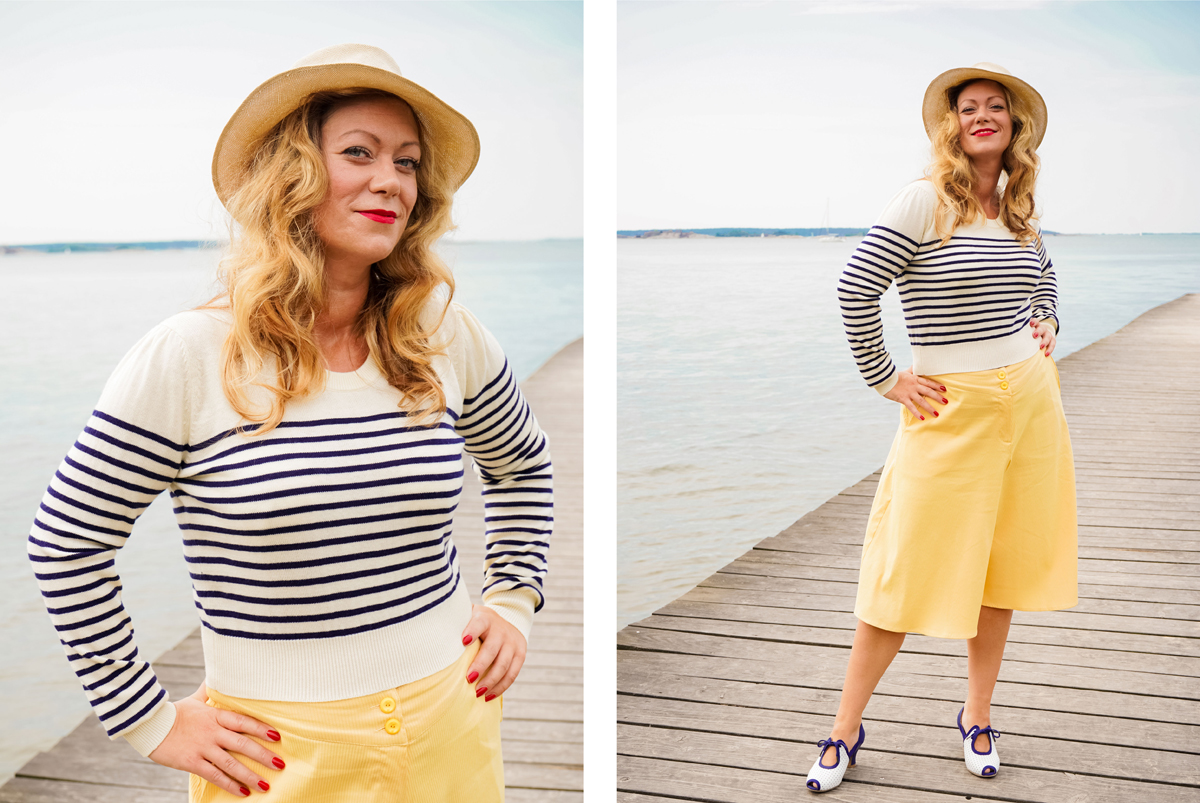 emmy design vintage style clothing 1930s 1940s fashion sailor breton stripes wool sweater french navy maritime beach plus size culotte pants mellow yellow Royal Vintage Shoes Ginger