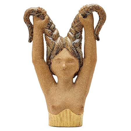Stig Lindberg.  Chamotterad figurin "Flicka med flätor" (1940-tal) 31 cm
