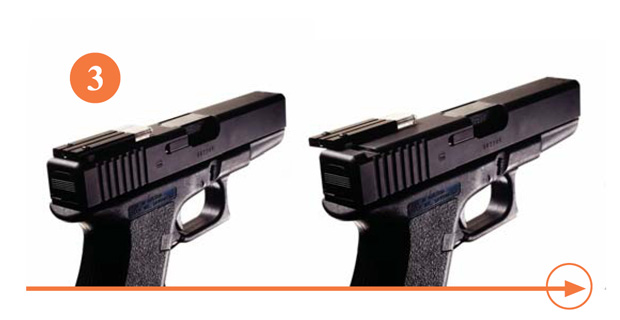Insert the T.A.S. sight dovetail into the original mating groove on the pistol and slide the sight to a central position.