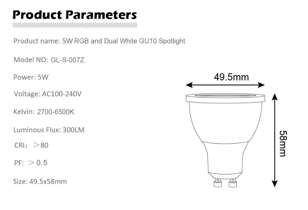 Gledopto GL-S-007Z 5W GU10 Bulb dual white and color